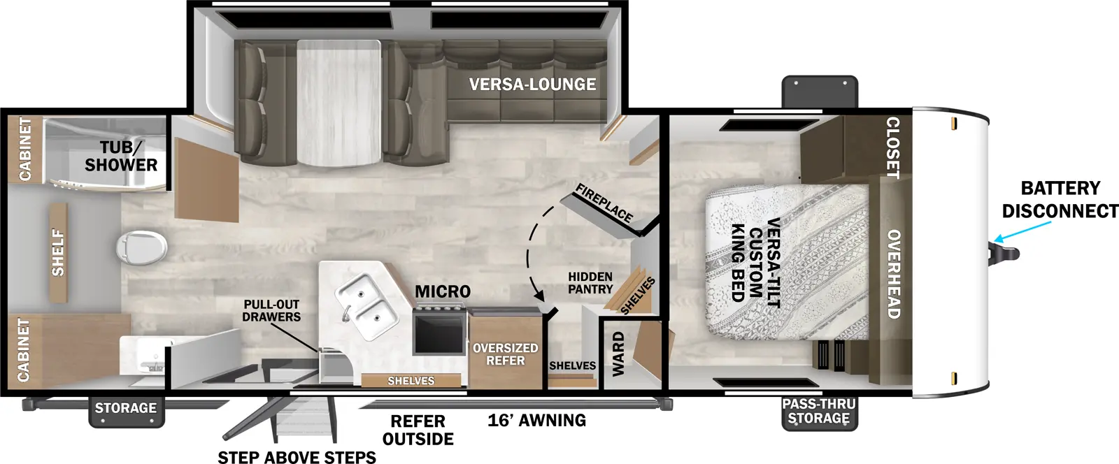 The Cruise Lite 25ICE floorplan has one entry and one slide out. Exterior features include: metal exterior and 16' awning. Interiors features include: front bedroom and rear bathroom.